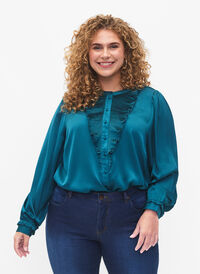 Satin shirt blouse with ruffle details, Shaded Spruce, Model