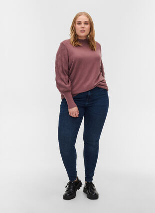 High neck, balloon-sleeved knitted blouse, Rose Taupe Mel., Model image number 2