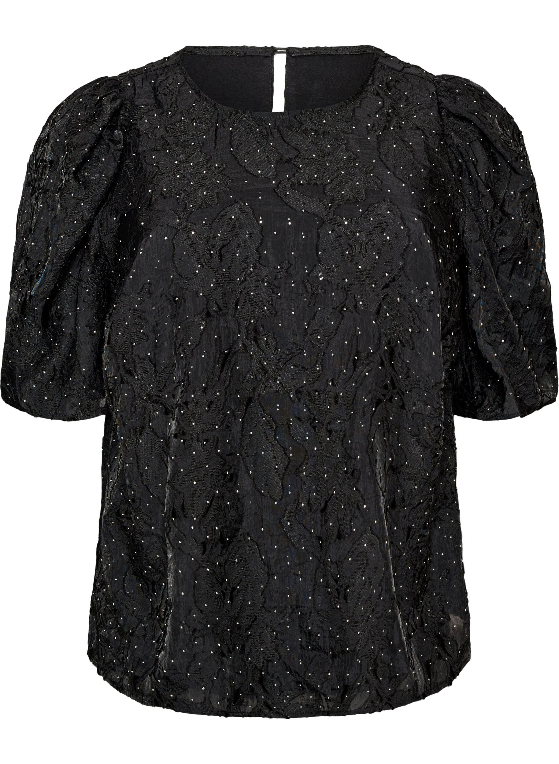 ZizzifashionJacquard blouse with sparkly details and puff sleeves, Black, Packshot image number 0