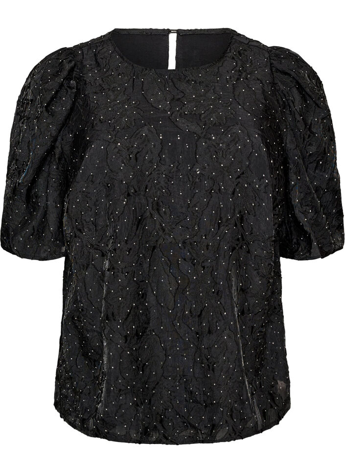 Jacquard blouse with sparkly details and puff sleeves, Black, Packshot image number 0