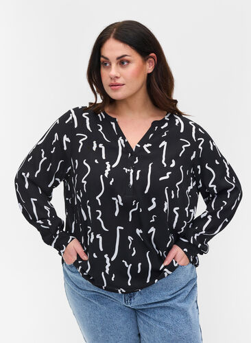 Blouse in viscose with long sleeves, Black Paint Strokes, Model image number 0