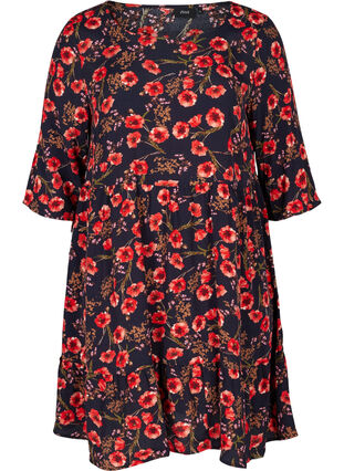 Floral viscose dress with 3/4 sleeves, Black Poppy Flower, Packshot image number 0