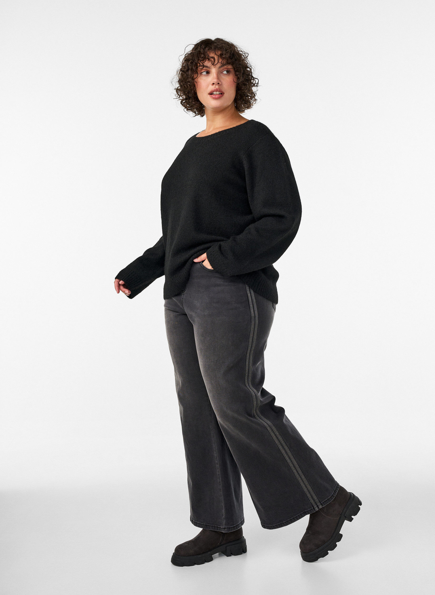 ZizzifashionWide fit jeans with vertical denim details, Dark Grey, Model image number 2
