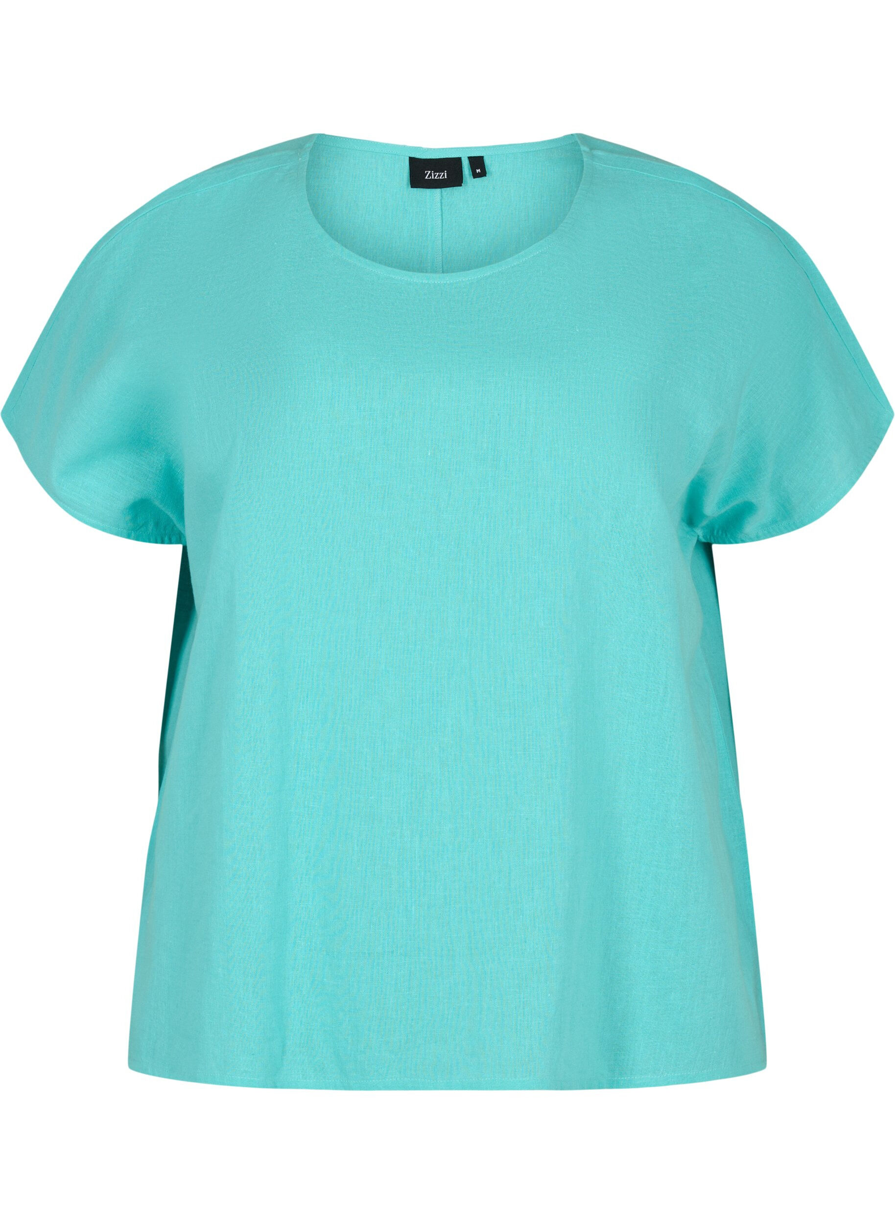 Zizzifashion Short-sleeved blouse in cotton blend with linen, Turquoise, Packshot image number 0