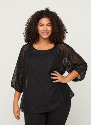 Textured blosue with 3/4 length sleeves, Black, Model image number 0
