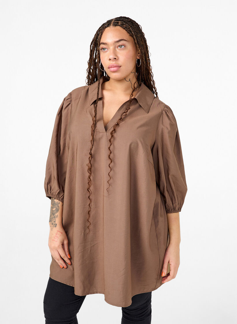 Viscose tunic with V-neck and collar, Chocolate Chip, Model image number 0
