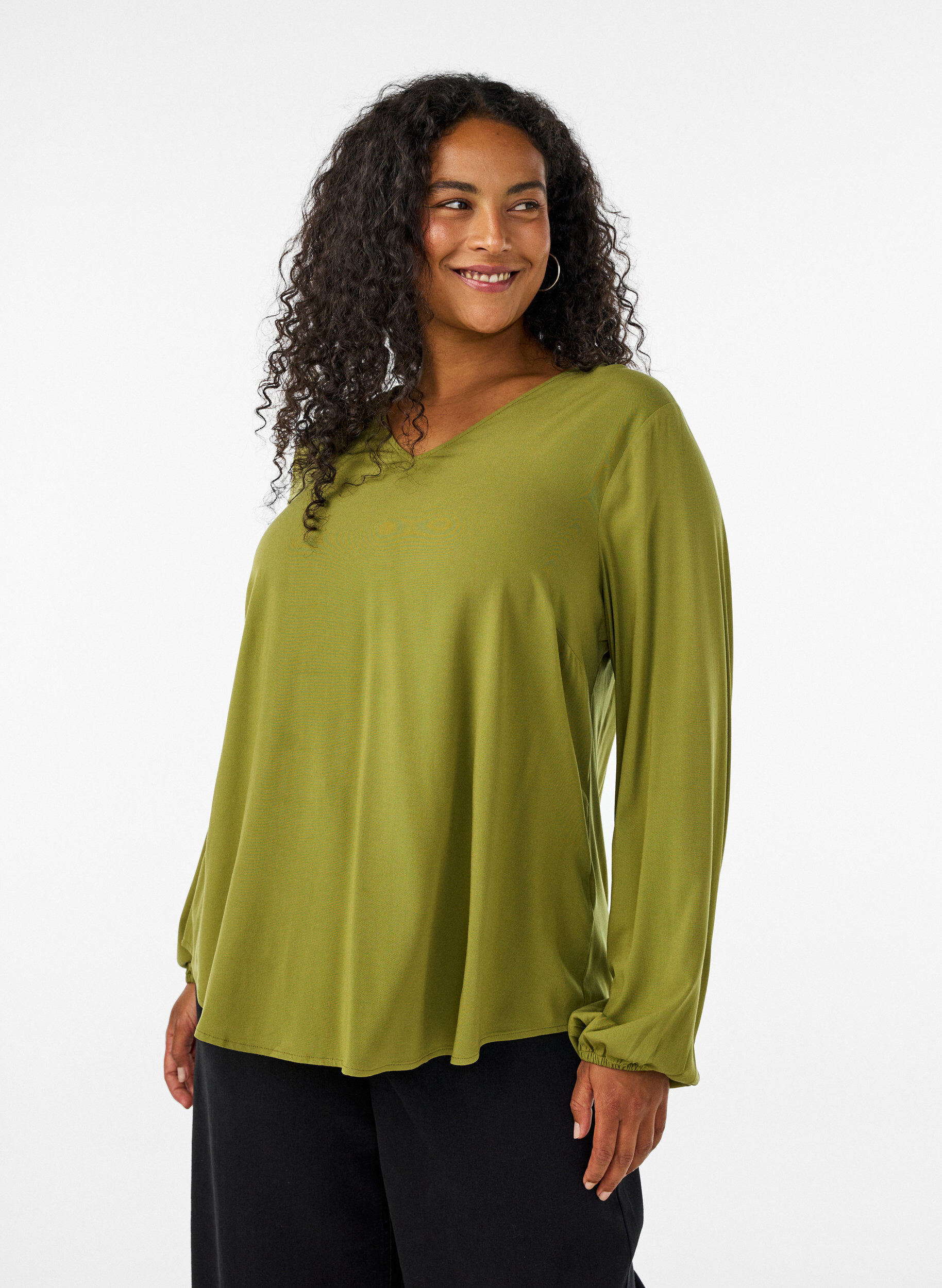 ZizzifashionViscose blouse with a V-neck and long sleeves, Green, Model image number 0
