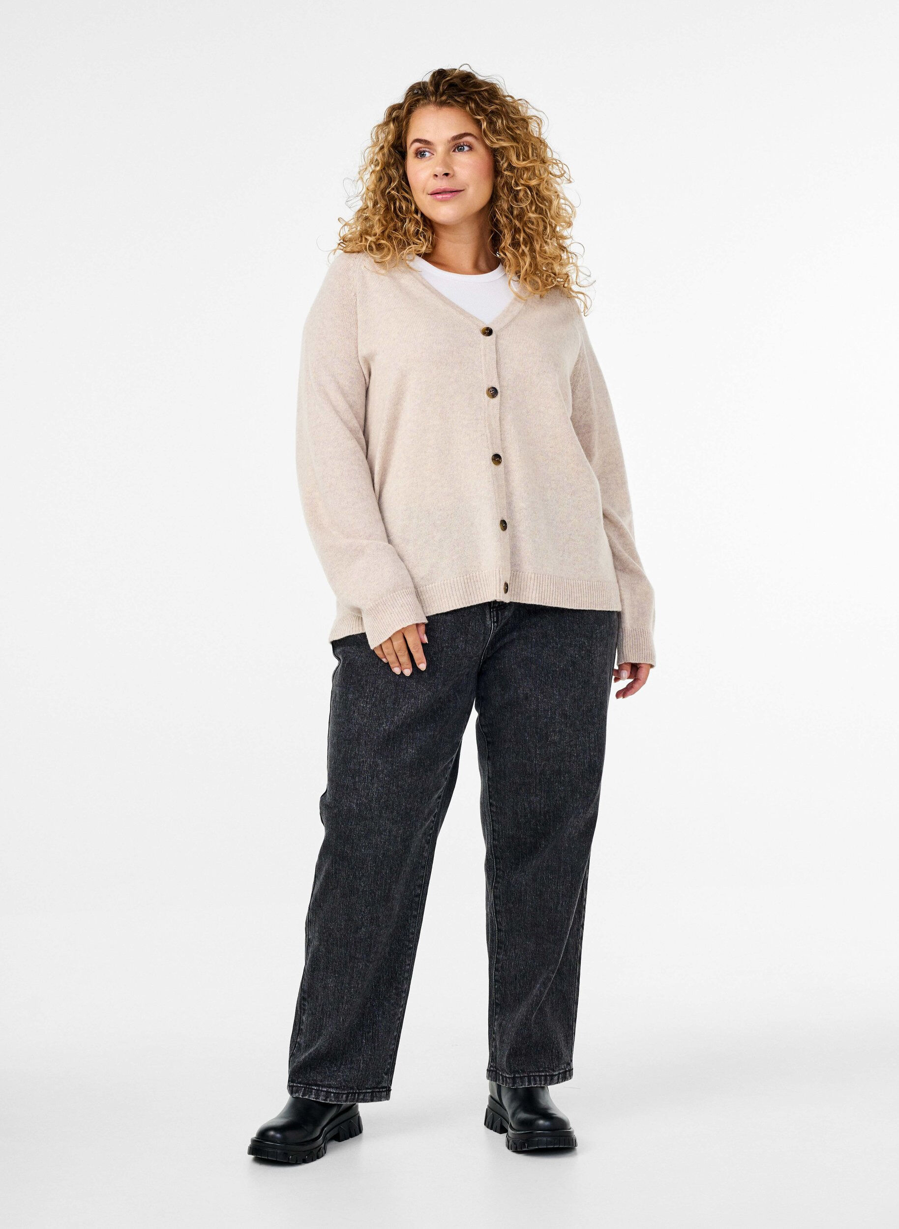 Zizzifashion Knitted cardigan in merino wool, Pumice Stone Mel., Model image number 2