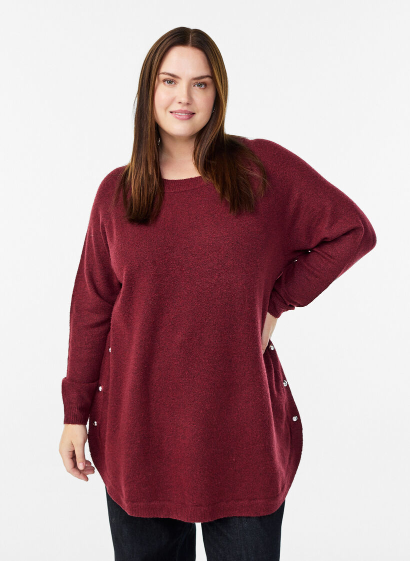 Long knitted blouse with ball buttons, Dark Bordeaux, Model image number 0