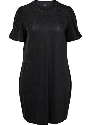 Glitter dress with short balloon sleeves, Black, Packshot image number 0