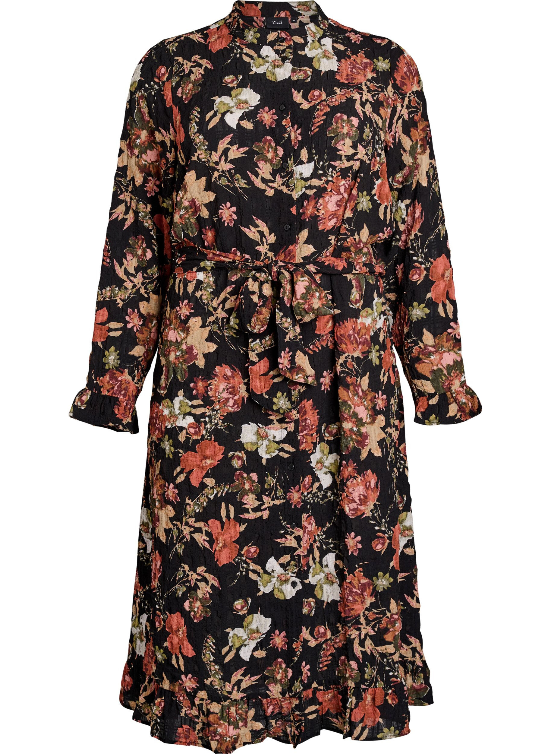 Zizzifashion Midi dress with floral print and detachable tie belt, Black, Packshot image number 0