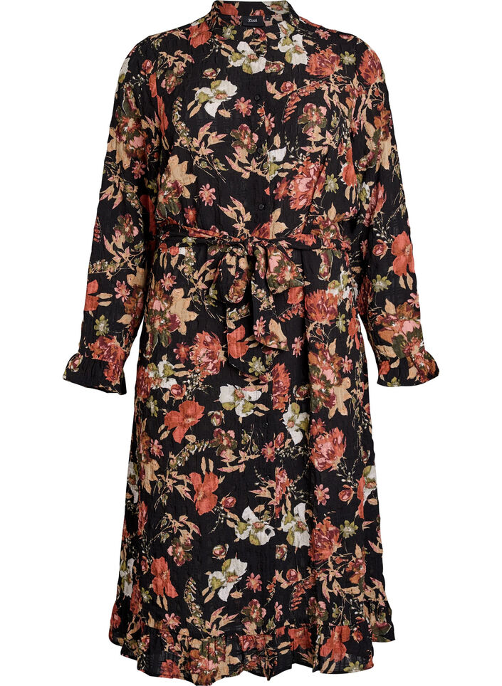 Midi dress with floral print and detachable tie belt, Black, Packshot image number 0