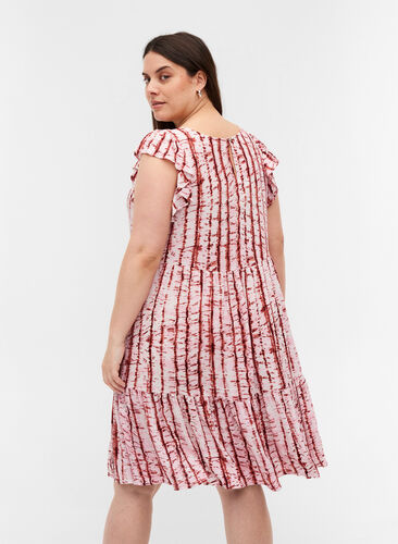 Printed viscose A-line dress, TIE DYE PINK, Model image number 1
