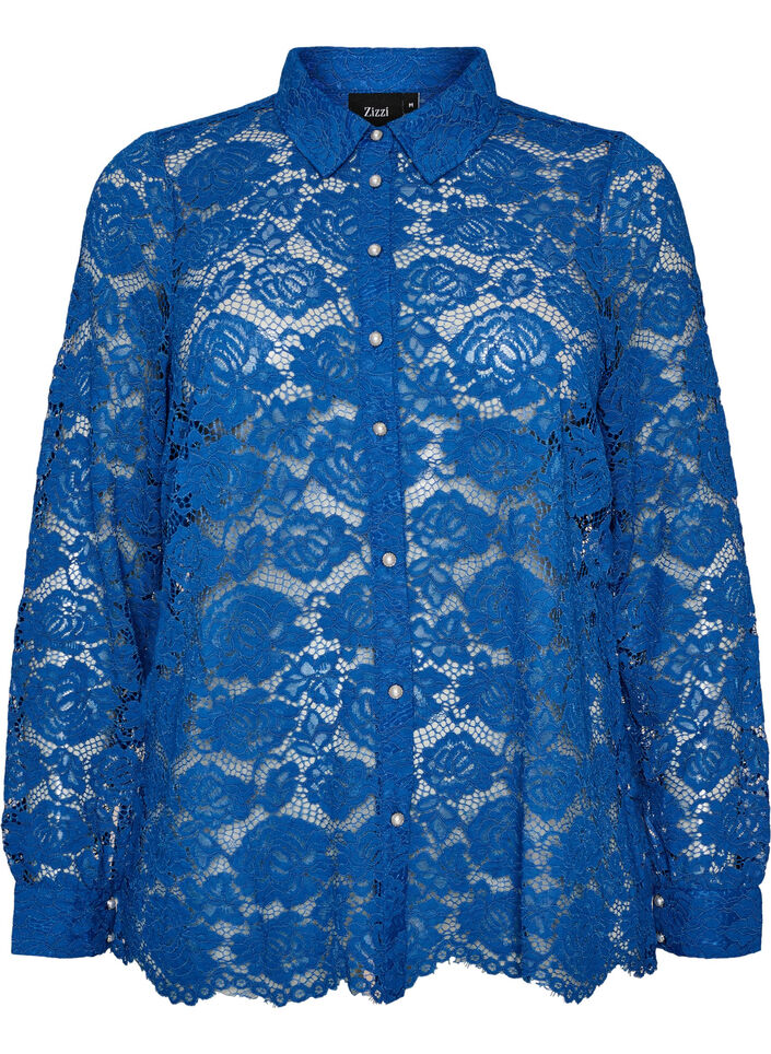 Lace shirt with pearl buttons, Blue, Packshot image number 0