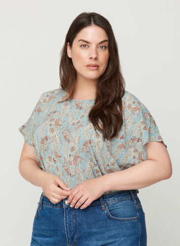 Blouse with short sleeves, Light Blue Paisley , Model image number 0