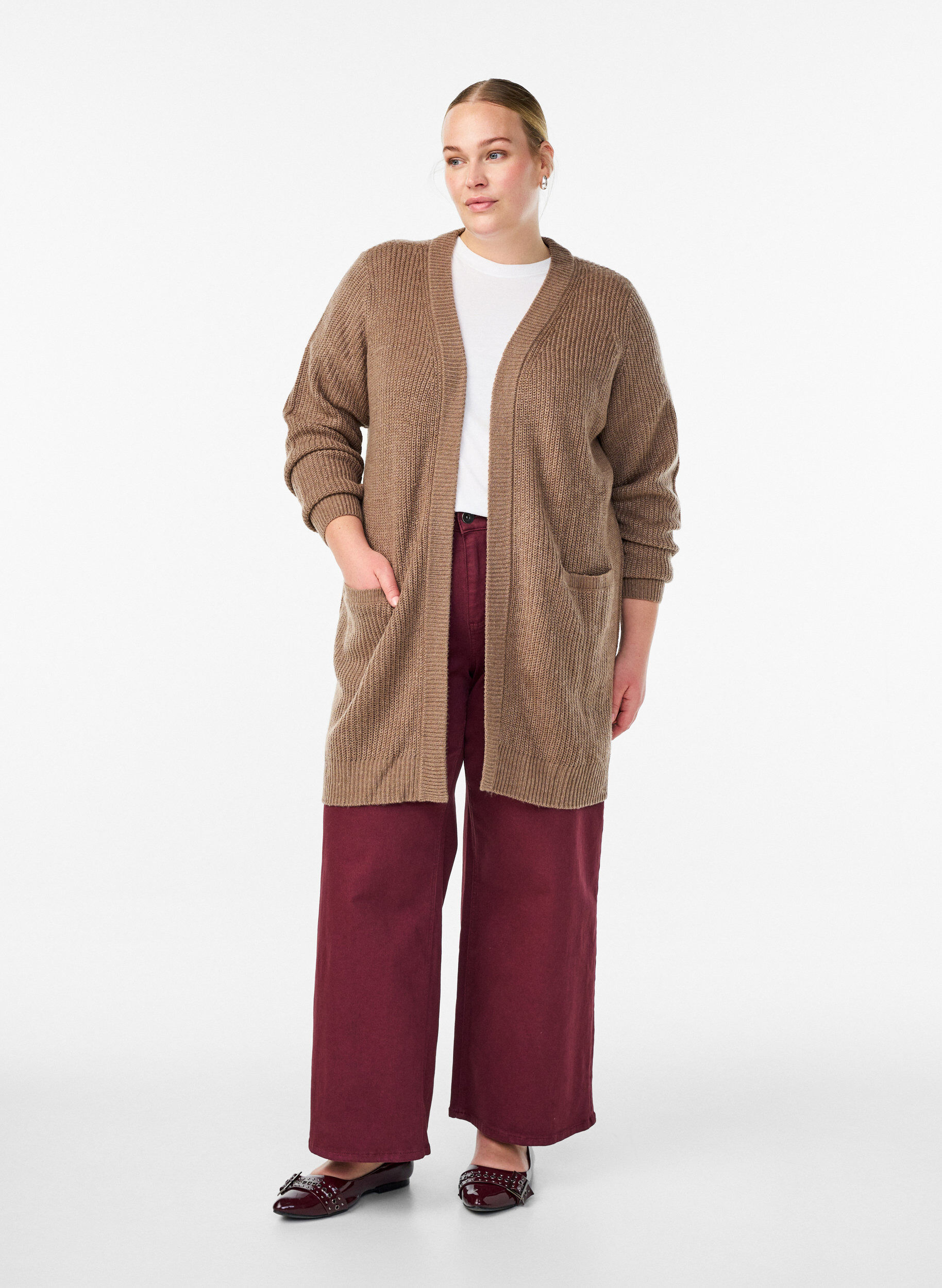 Zizzifashion FLASH - Long rib knit cardigan with pockets, Brown, Model image number 1