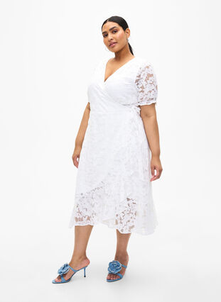 Wrap dress with lace and short sleeves, Bright White, Model image number 3