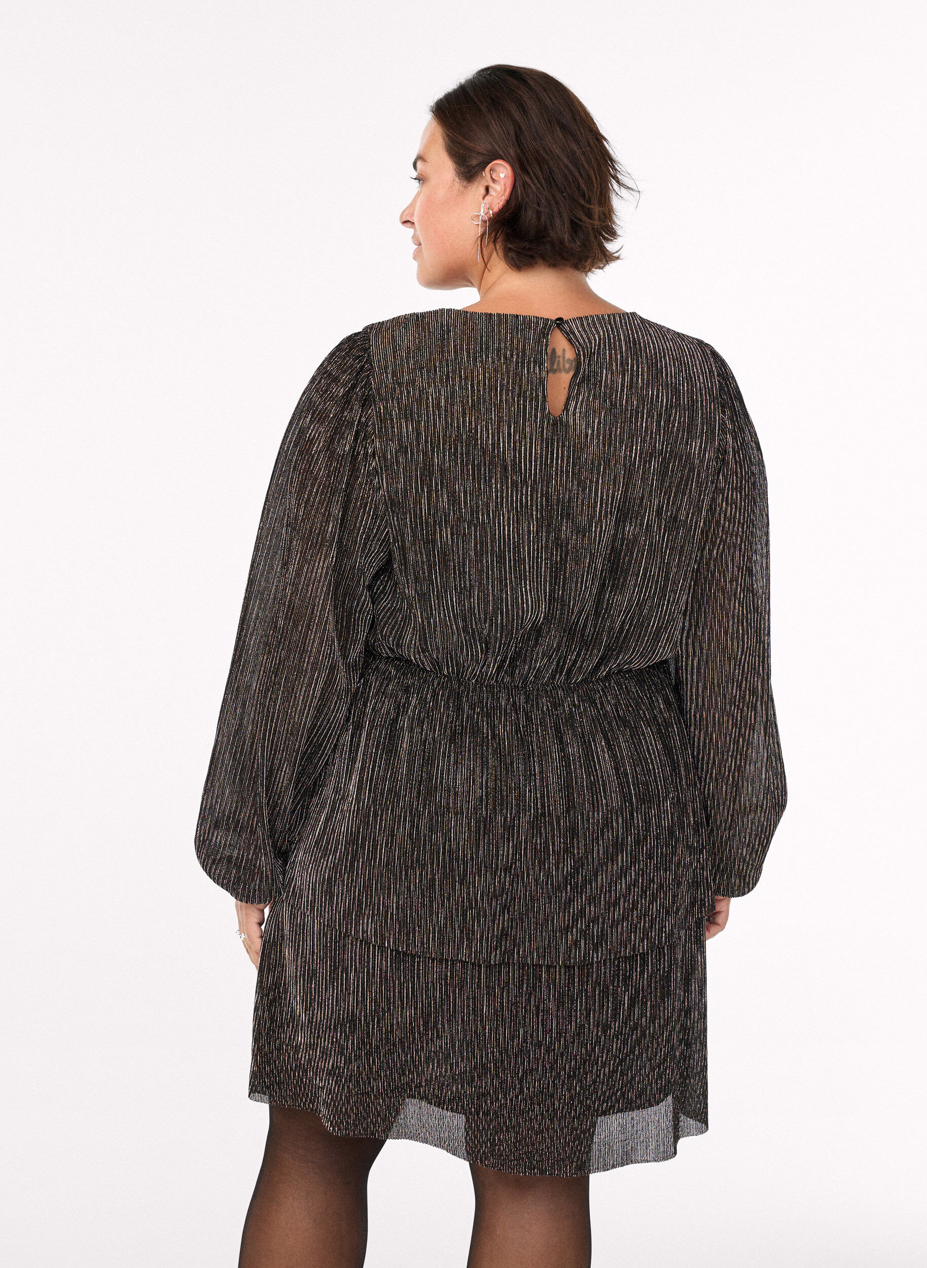 Zizzifashion Short dress with glitter stripes and long sleeves, Black, Model image number 2