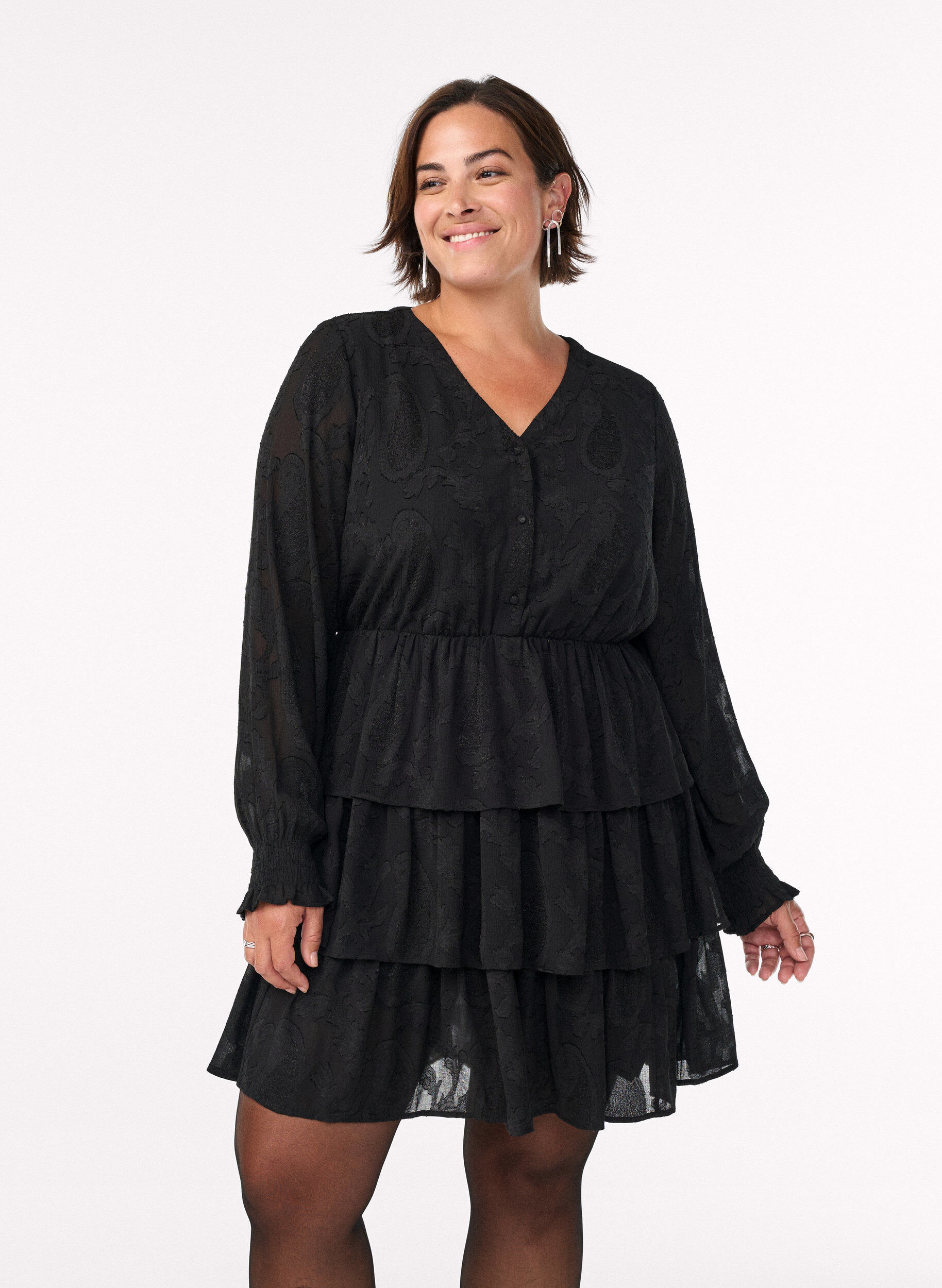 ZizzifashionShort dress with ruffles and a textured pattern, Black, Model image number 0