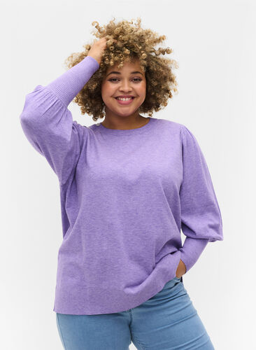 Knitted ribbed sweater with balloon sleeves, Paisley Purple Mel, Model image number 0