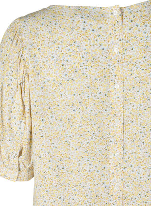 Printed viscose blouse with short puff sleeves, Yellow AOP Flower , Packshot image number 3