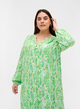 Printed viscose midi dress with long sleeves, Green Paisley AOP, Model image number 2