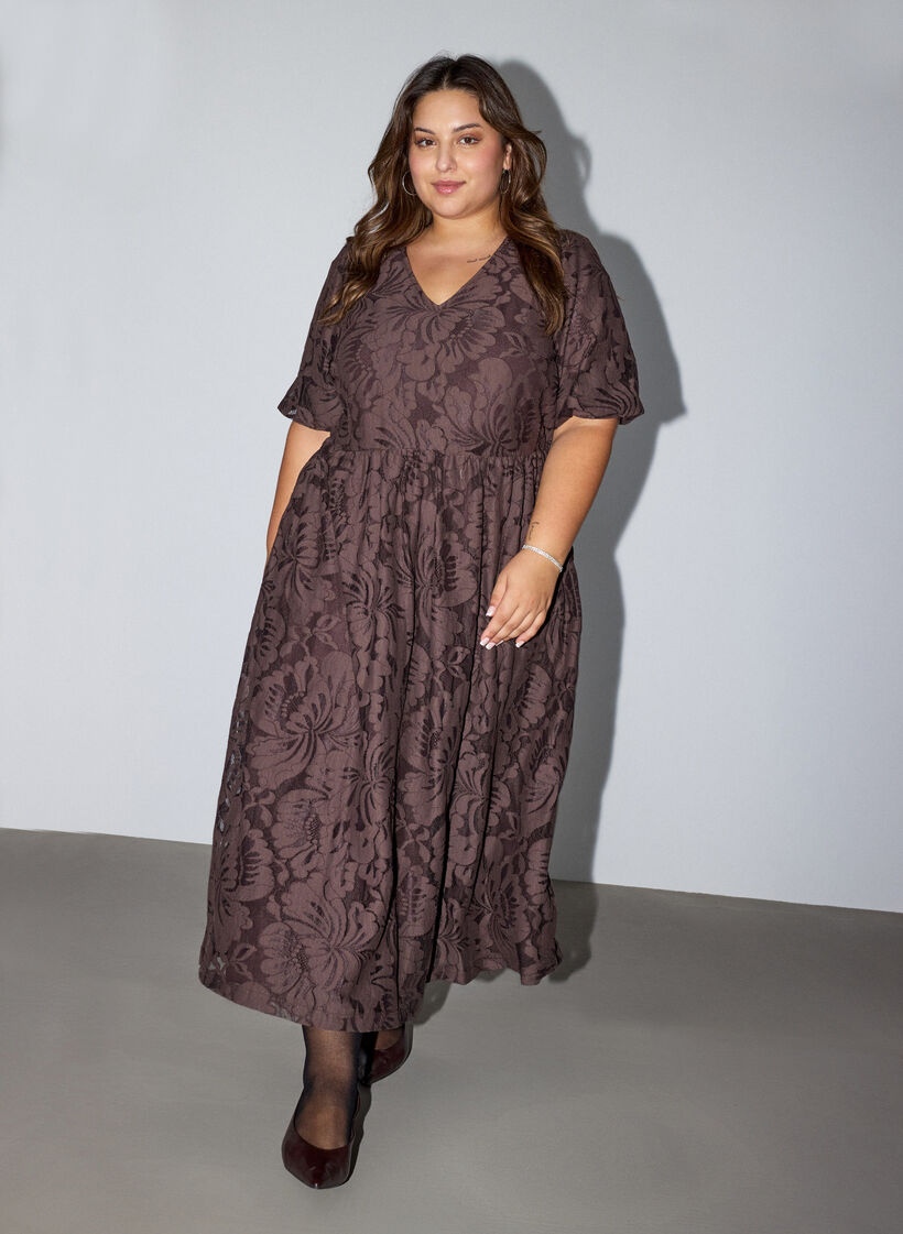Midi dress with floral jacquard, Brown, Model image number 0