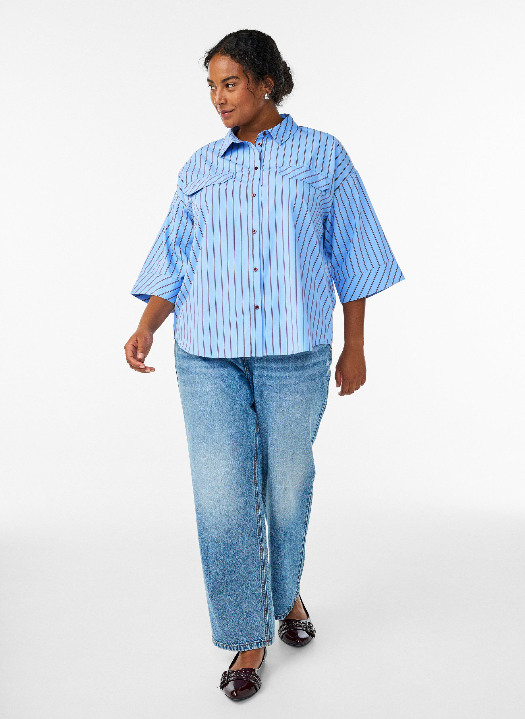 Zizzifashion Striped cotton shirt with wide sleeves, Blue, Model image number 1