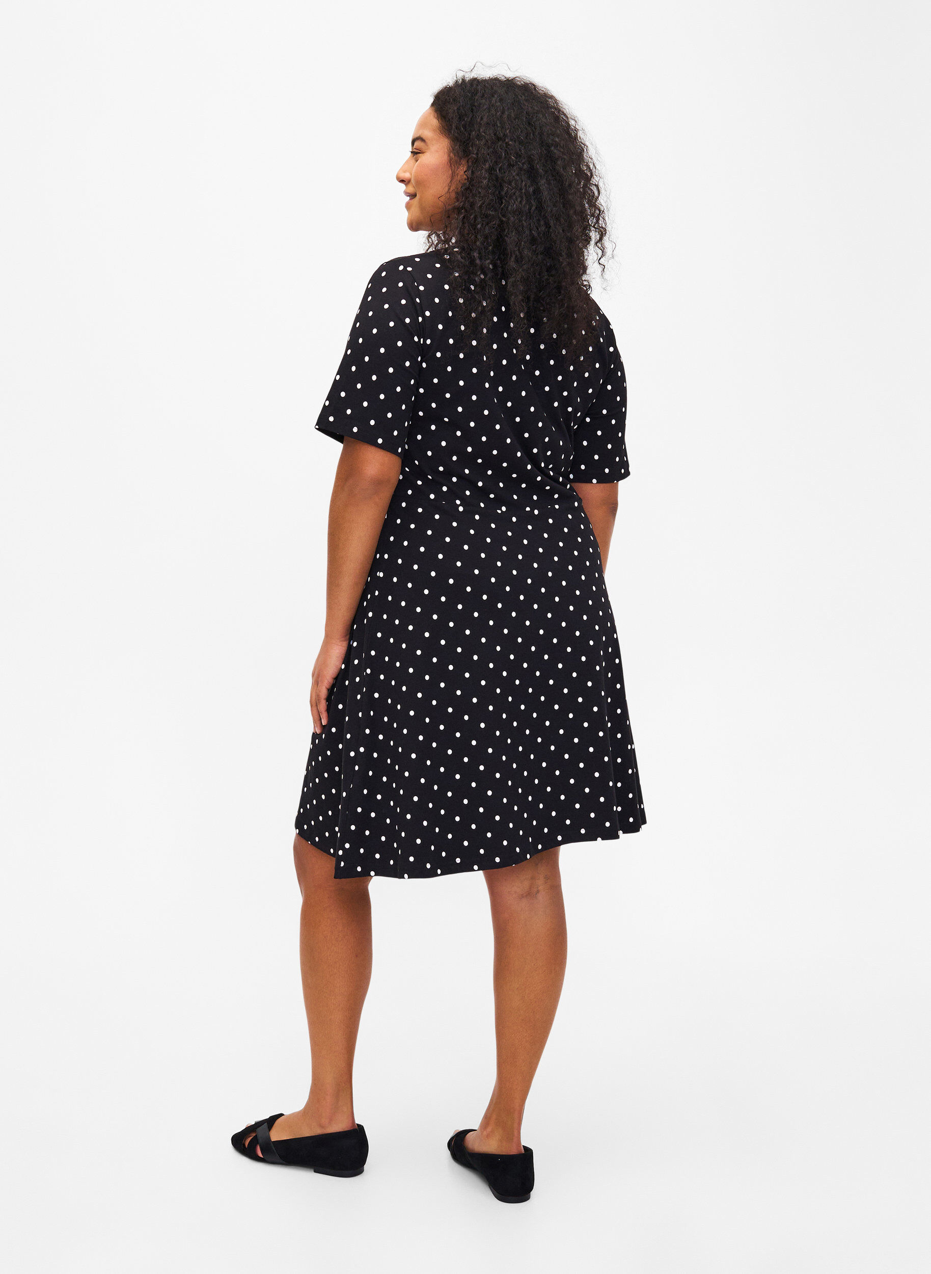 Zizzifashion Cotton dress with short sleeves and dots, Black w. White Dot, Model image number 1