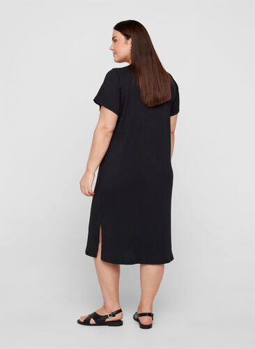 Short-sleeved ribbed dress with slits, Black, Model image number 1