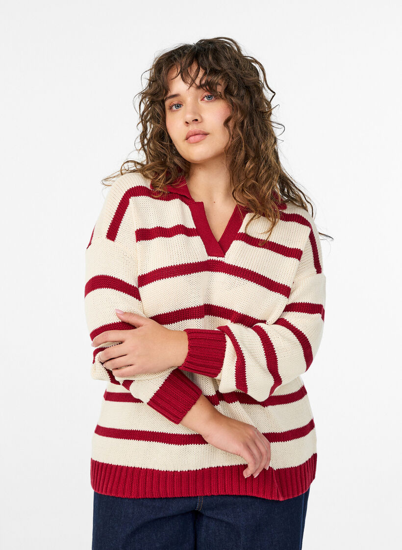 Striped knit blouse with a polo collar, Vanilla, Model image number 0