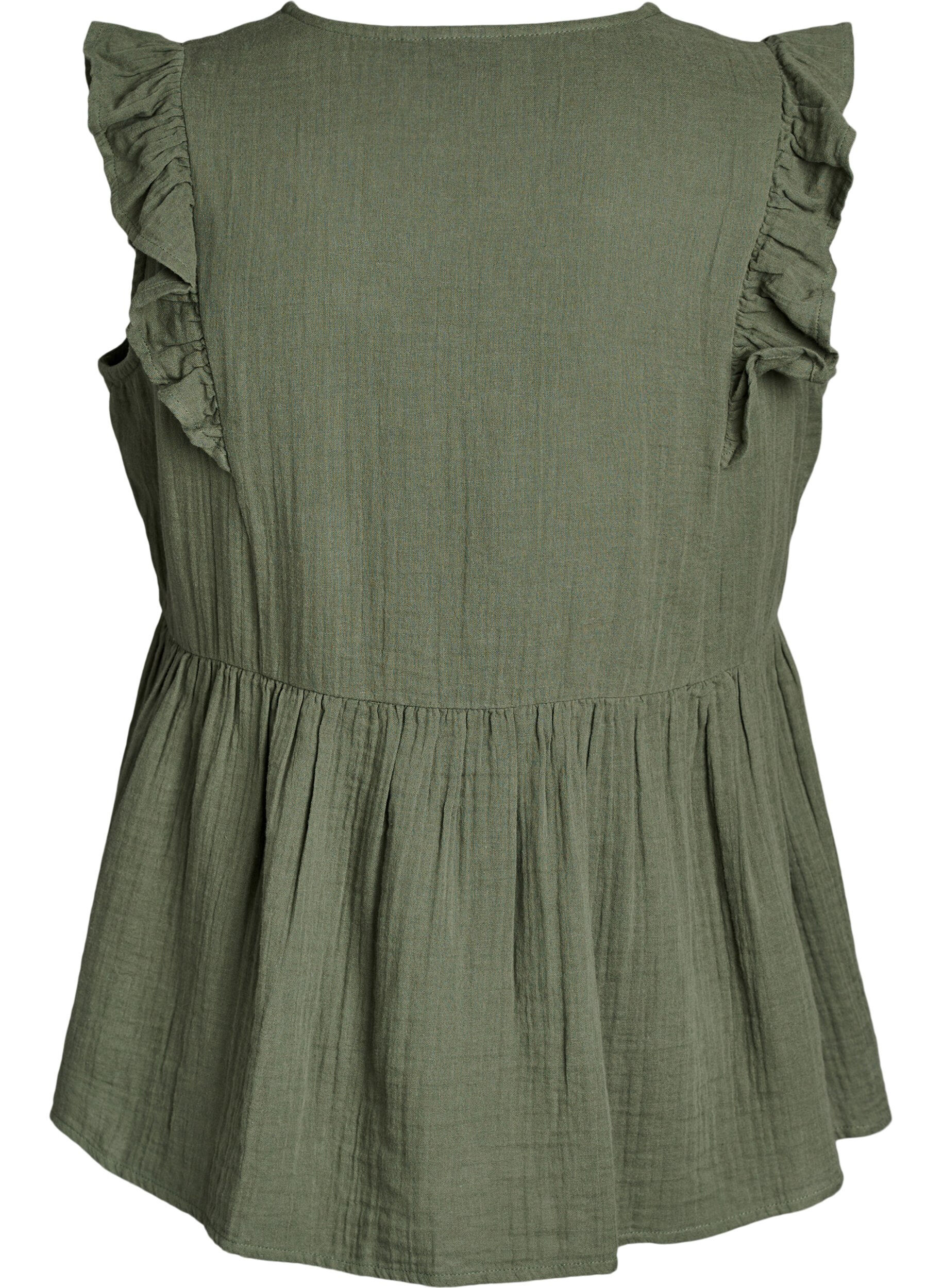 Zizzifashion Sleeveless cotton muslin blouse with ruffles, Green, Packshot image number 1