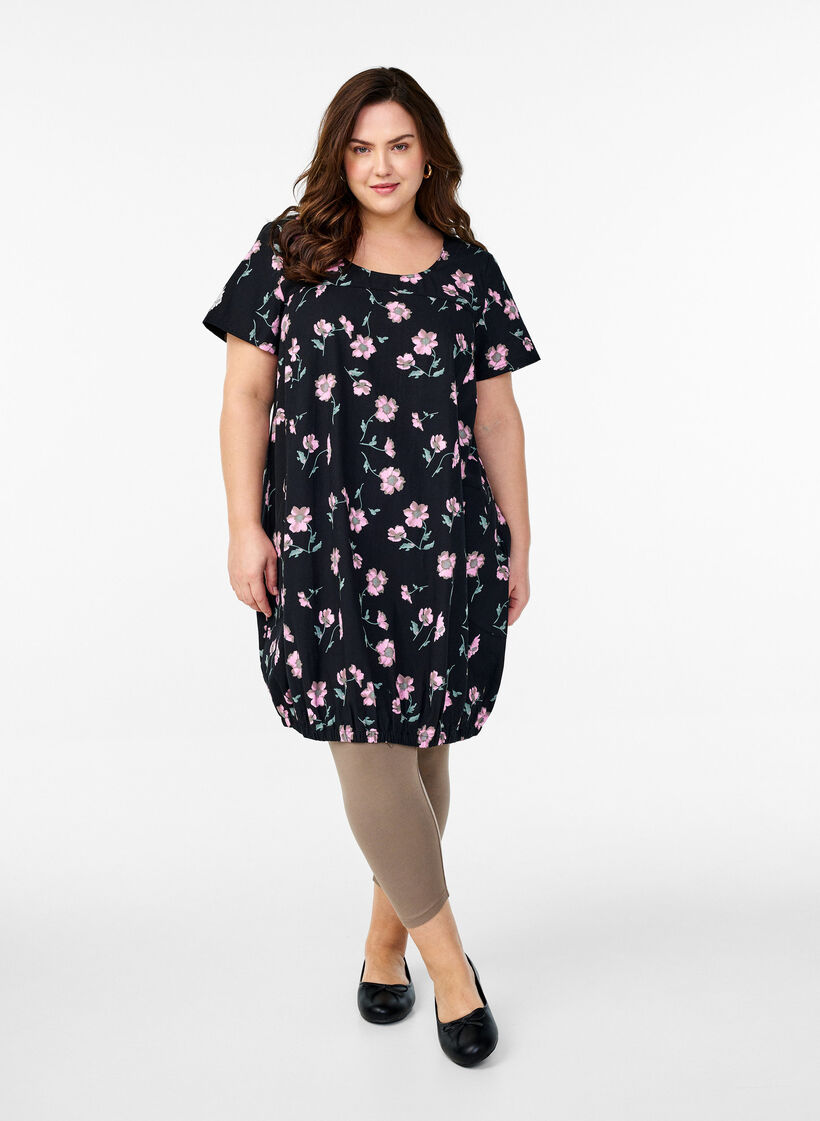 Short-sleeved cotton dress with print, Black, Model image number 1