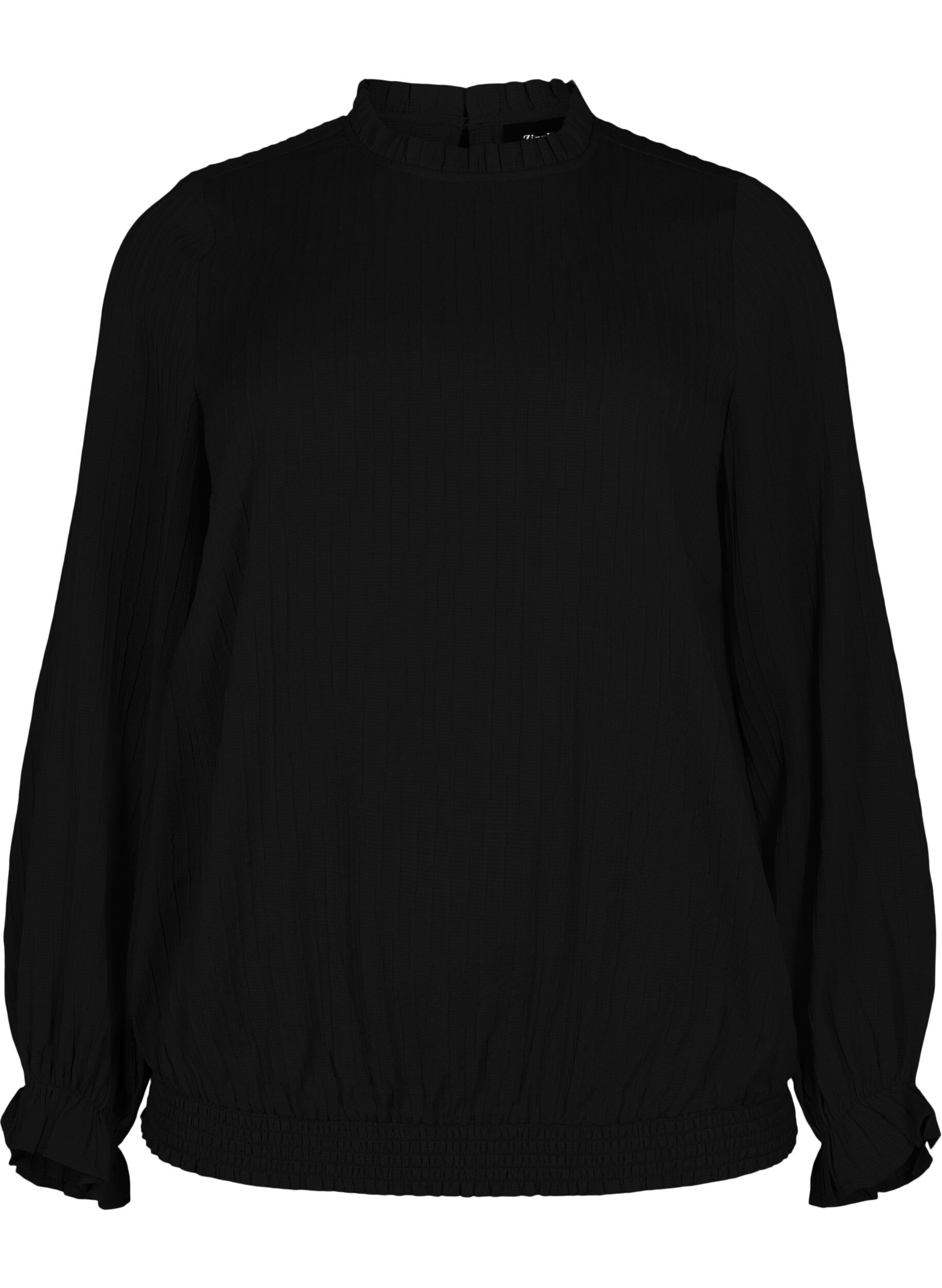 Zizzifashion Smock blouse with ruffles and texture, Black, Packshot image number 0