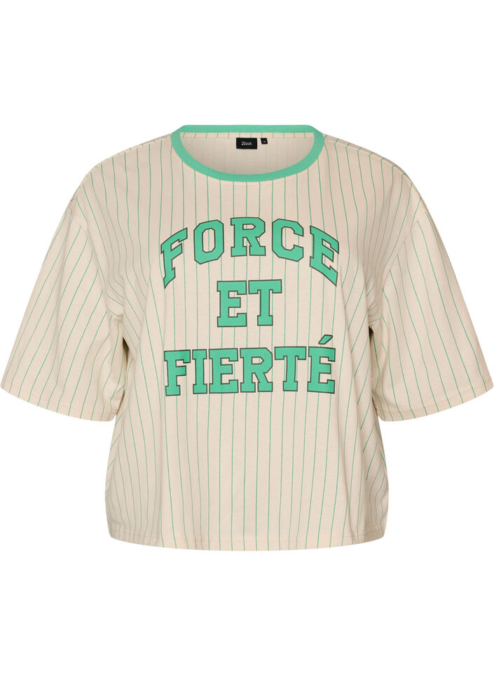 Boxy T-shirt with stripes and statement print, Vanilla, Packshot image number 0