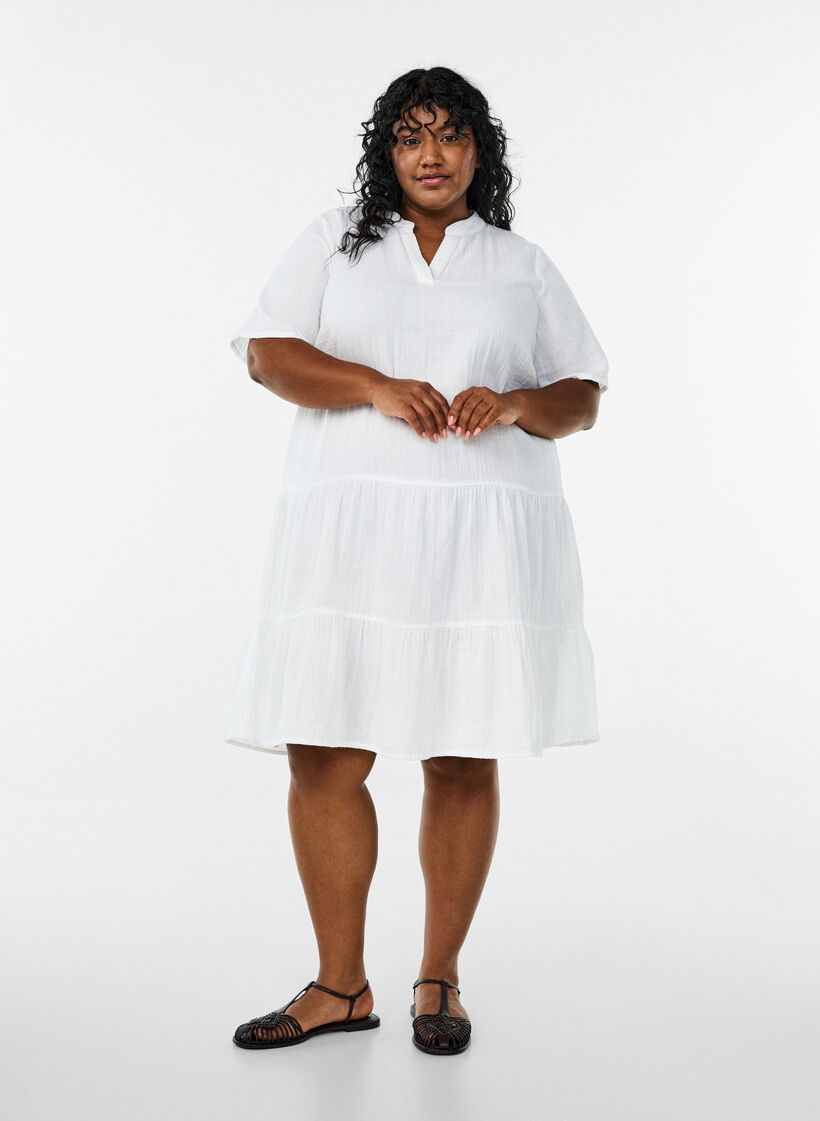 Short A-line dress in cotton muslin, White, Model image number 1