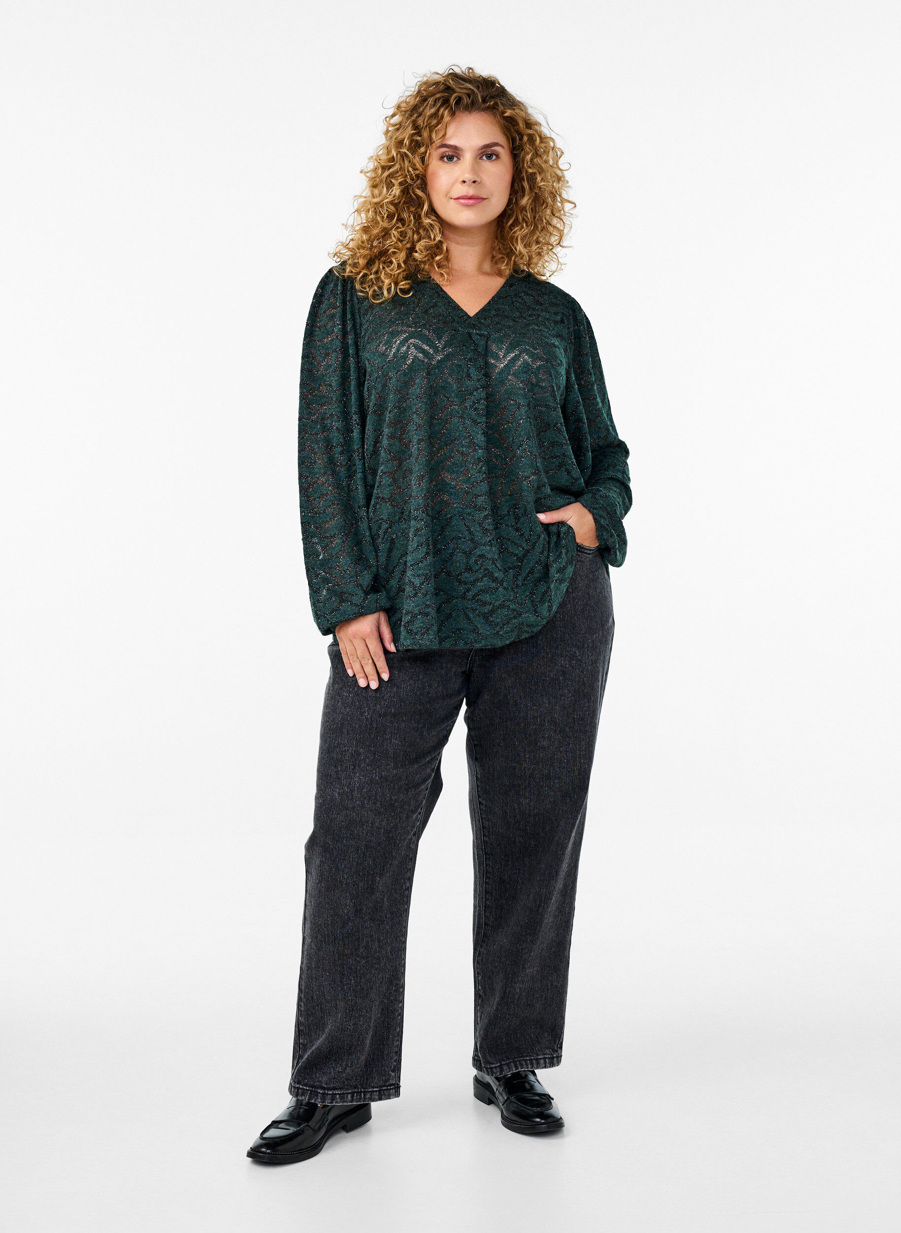Zizzifashion Long-sleeved blouse with glitter and pattern, Green, Model image number 1