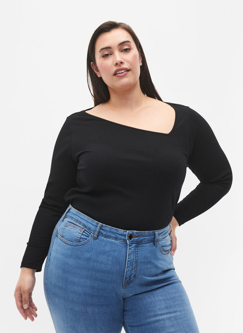 Long-sleeved t-shirt with asymmetrical cut, Black, Model image number 0