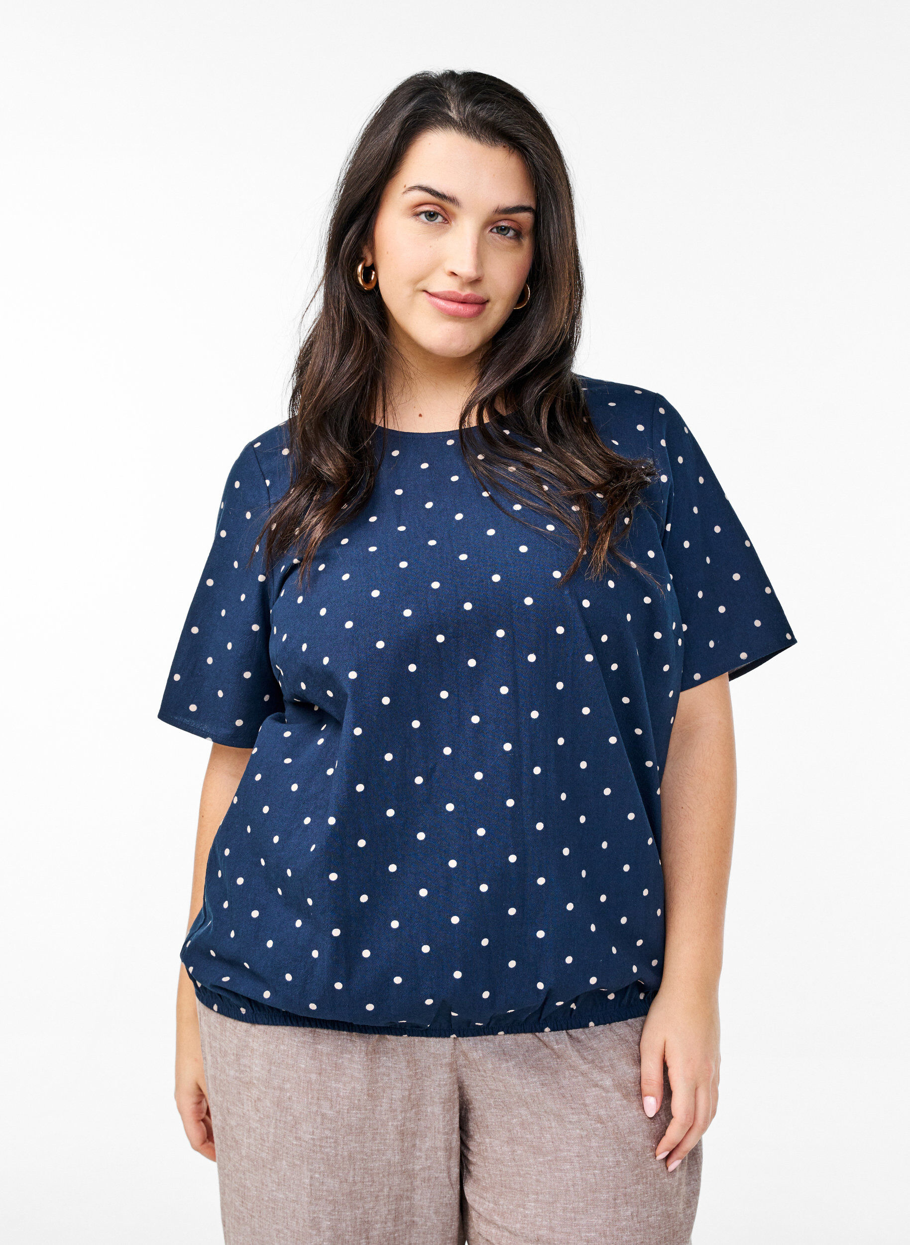 Cotton blouse with print and short sleeves, Blue, Model