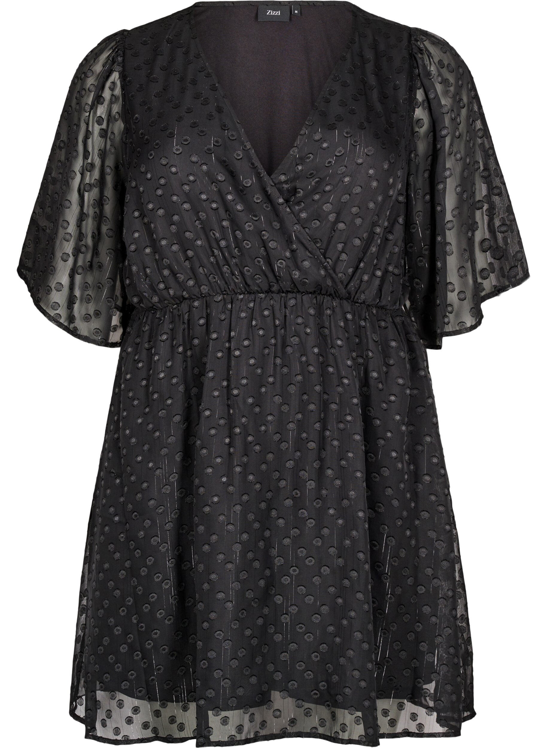 Zizzifashion Short dress with batwing sleeves and dotted texture, Black, Packshot image number 0