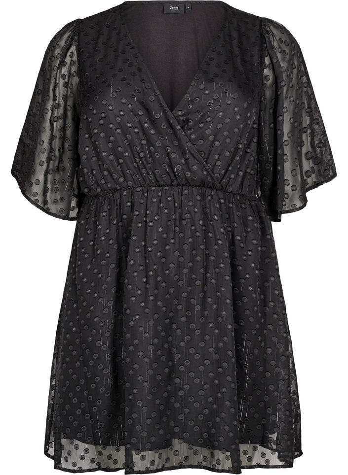 Short dress with batwing sleeves and dotted texture, Black, Packshot image number 0