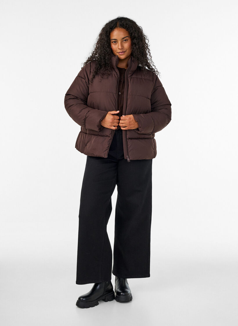 Short puffer jacket with a high collar, Brown, Model image number 1
