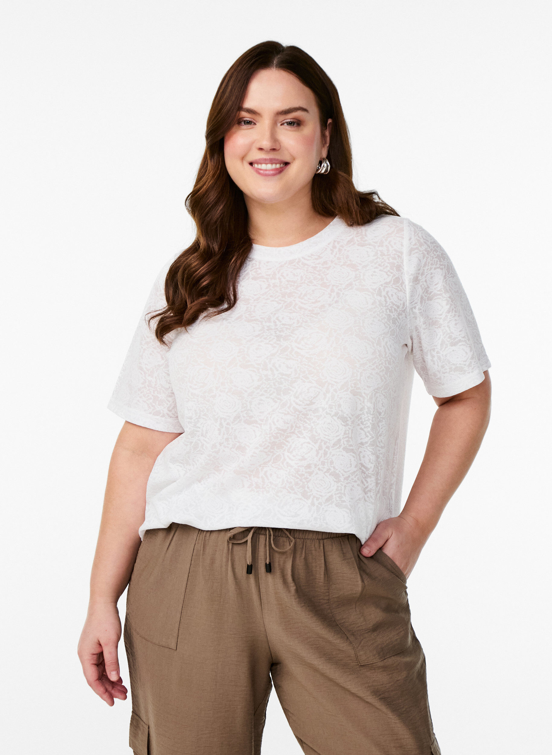 Zizzifashion Short-sleeved blouse with rose patterned texture, White, Model image number 0