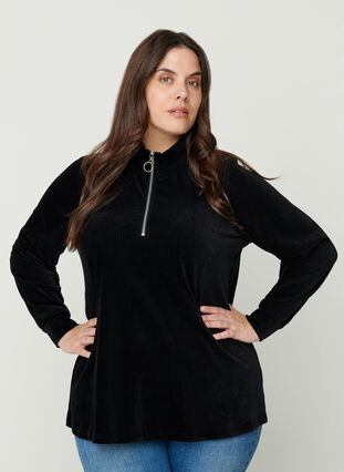 High neck velour blouse with zip, Black, Model image number 0