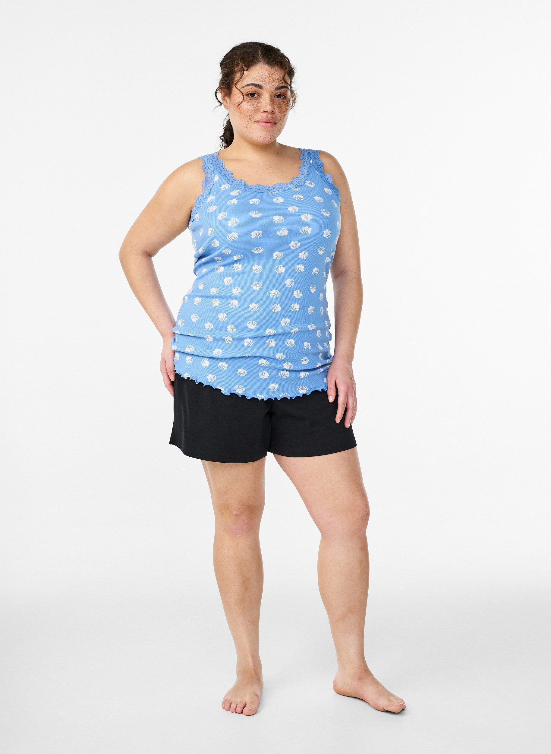 Zizzifashion Top with print and lace edge, Blue, Model image number 1
