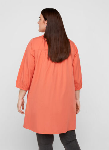 Cotton tunic with 3/4 sleeves and lace, Coral, Model image number 1