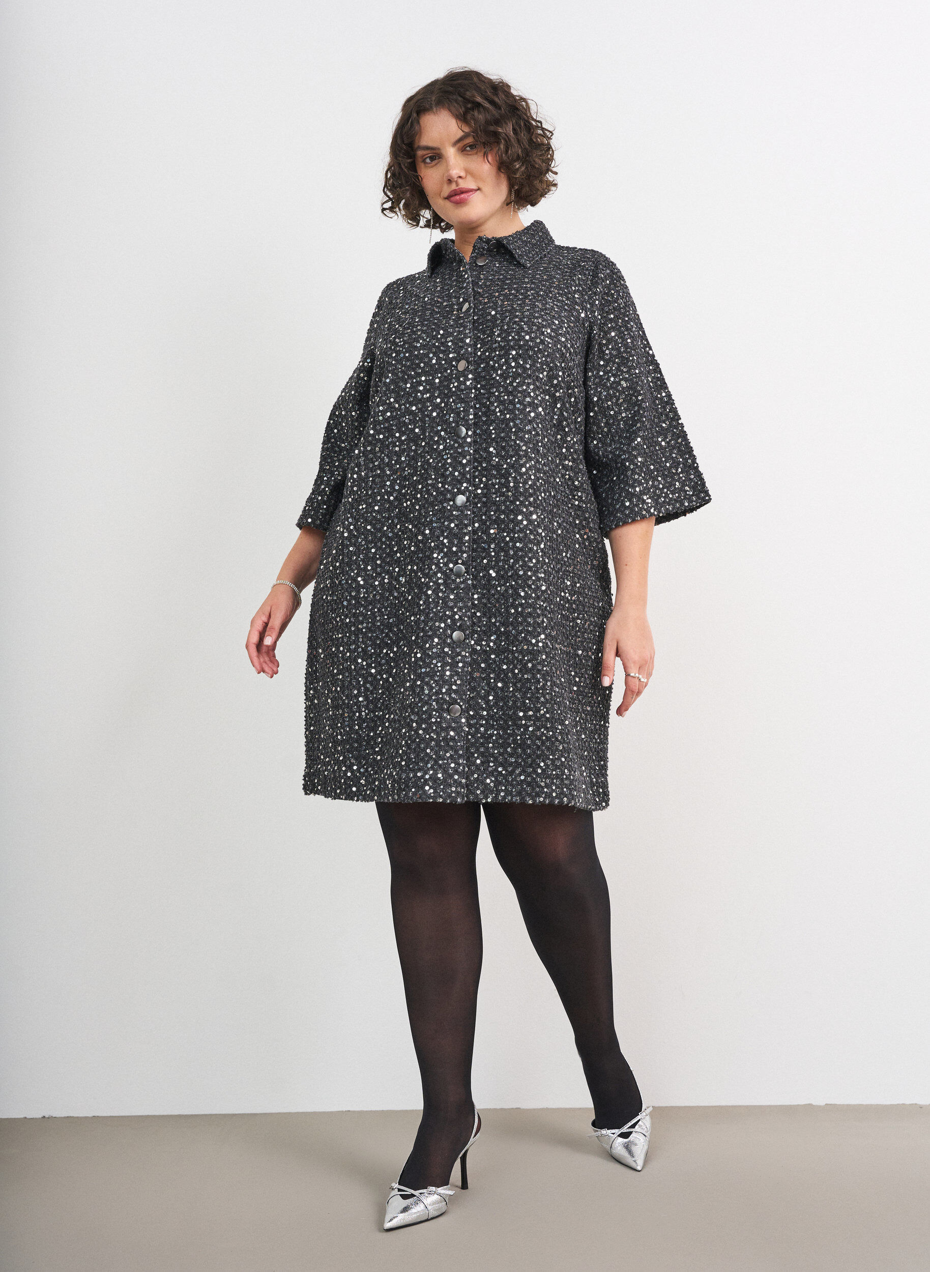 ZizzifashionDenim dress with sequins and 3/4 sleeves, Black, Model image number 1