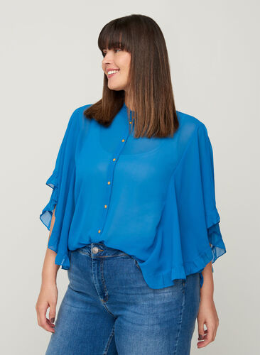 Short-sleeved blouse with ruffles, Blue ASS, Model image number 0