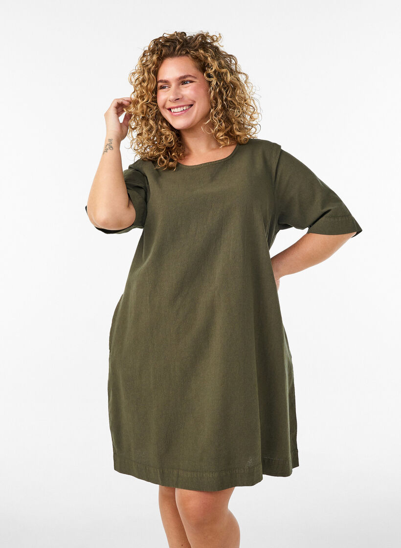 Cotton dress with short sleeves and pockets, Green, Model image number 0