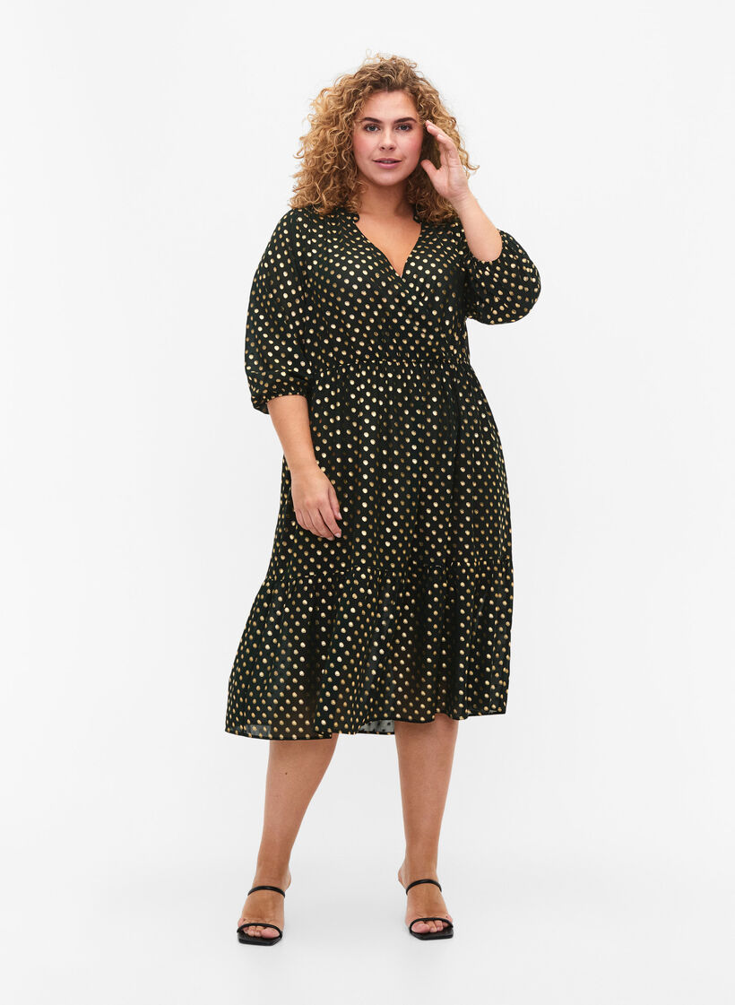 Dress with dotted foil print and 3/4 sleeves, Scarab w. Gold, Model image number 2